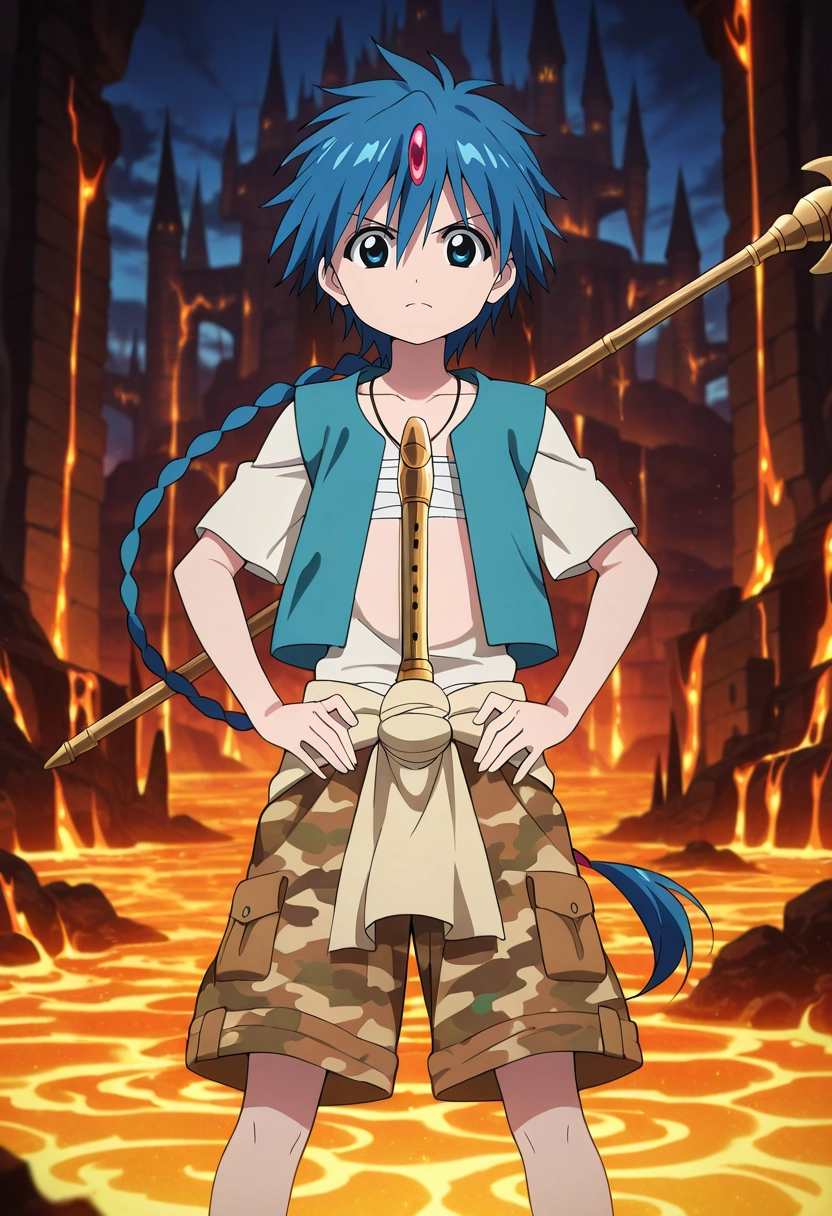 masterpiece, best quality, intricate details, anime screencap, anime coloring, official style, looking at viewer, 1boy, solo, male focus, <lora:aladdin_magi_ilxl:0.98>, aladdin_magi, blue hair, blue eyes, long hair, braid, single braid, , jewelry, vest, flute, instrument, staff, , volcanic spire, molten chambers, smoke vents, fiery murals, commanding pose, determined expression, ember light, Camouflage Boardshorts, Brown Pocket T-shirt, , ,