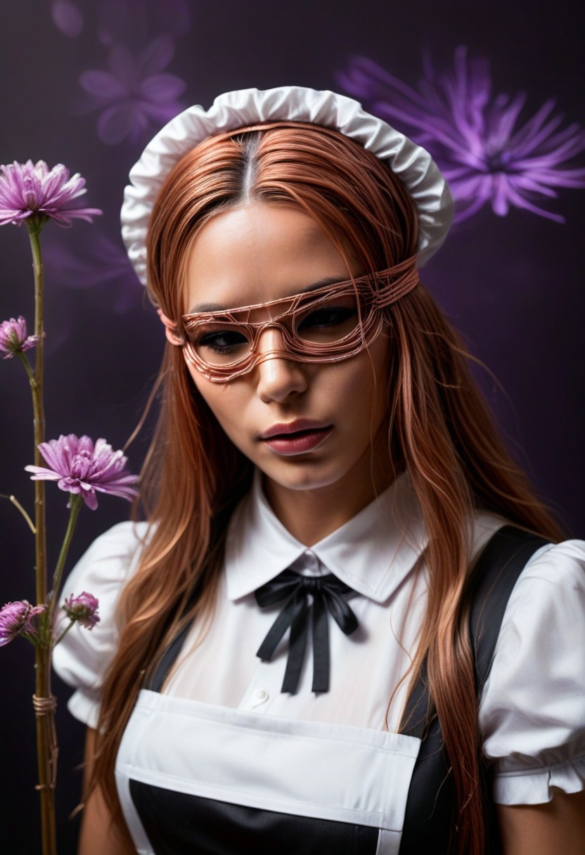 close-up shot, reality-shot, realism, realistic photography, beautiful woman, blindfold, covered eyes, long hair, hair made of copper wire, maid uniform, looking at viewer, purple theme, flower, dark_theme,abstract background, depth of field