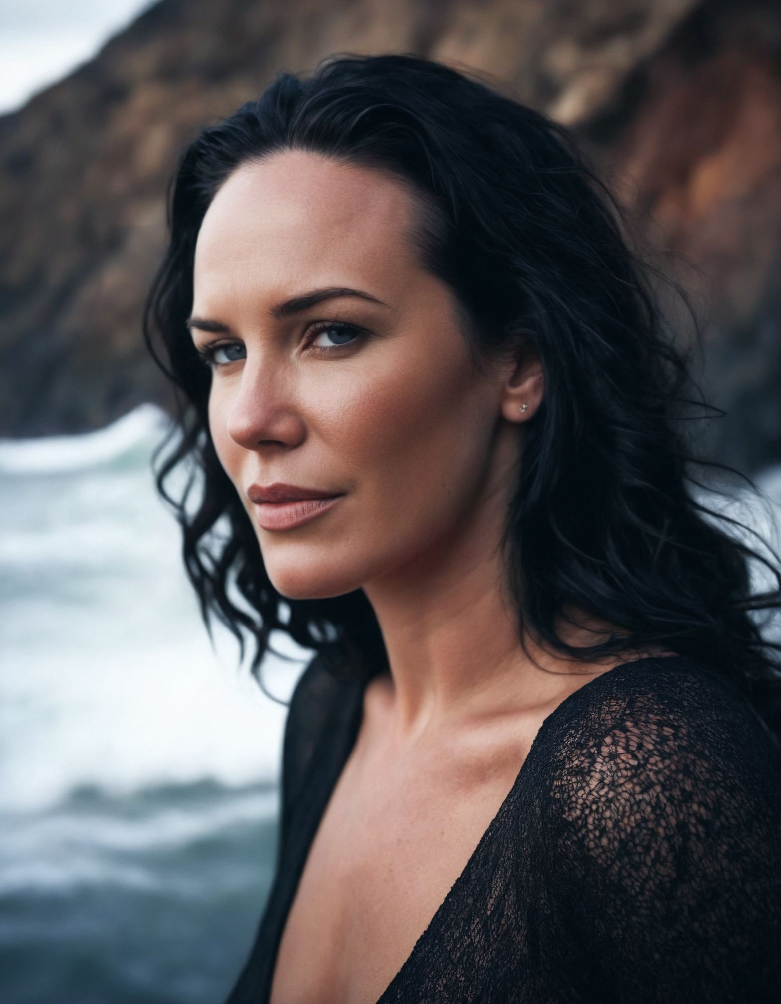 <lora:RAVEN:1> woman with dark hair, NSFW , ((blurry foreground, blurry background, dark background)), <lora:epiCPhoto:0.5> epiCPhotoXL <lora:all_eyes_hands_skin_fin:0.25> perfect eyes, detailed skin, skin blemish, <lora:photorealistic_portrait_notrigger:0.25>, Medium shot, alluring portrait, intricate, highly detailed, digital painting, artstation, concept art, naughty, sharp focus, cinematic lighting, illustration, art by artgerm and greg rutkowski, alphonse mucha, cgsociety, - A dramatic scene of the cliffs at Port Stephens during a stormy afternoon, Dark clouds roll in, and waves crash against the rocks below, The atmosphere is intense and powerful, highlighting the rugged beauty of the coastline