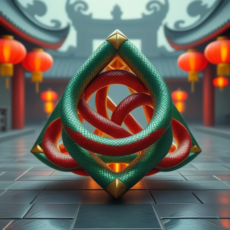 sn4k3bug triangular prism, metallic scales in green, red, and gold colors. sn4k3bug create a detailed texture while forming all parts of the triangular prism. The setting is a traditional Asian environment, featuring glowing red lanterns, typical architecture in the background, and a reflective stone floor. Soft lighting highlights sn4k3bug shimmer, ensuring the triangular prism looks cohesive and colorful, maintaining a mysterious and vibrant atmosphere. <lora:sn4k3bug:1.05>
