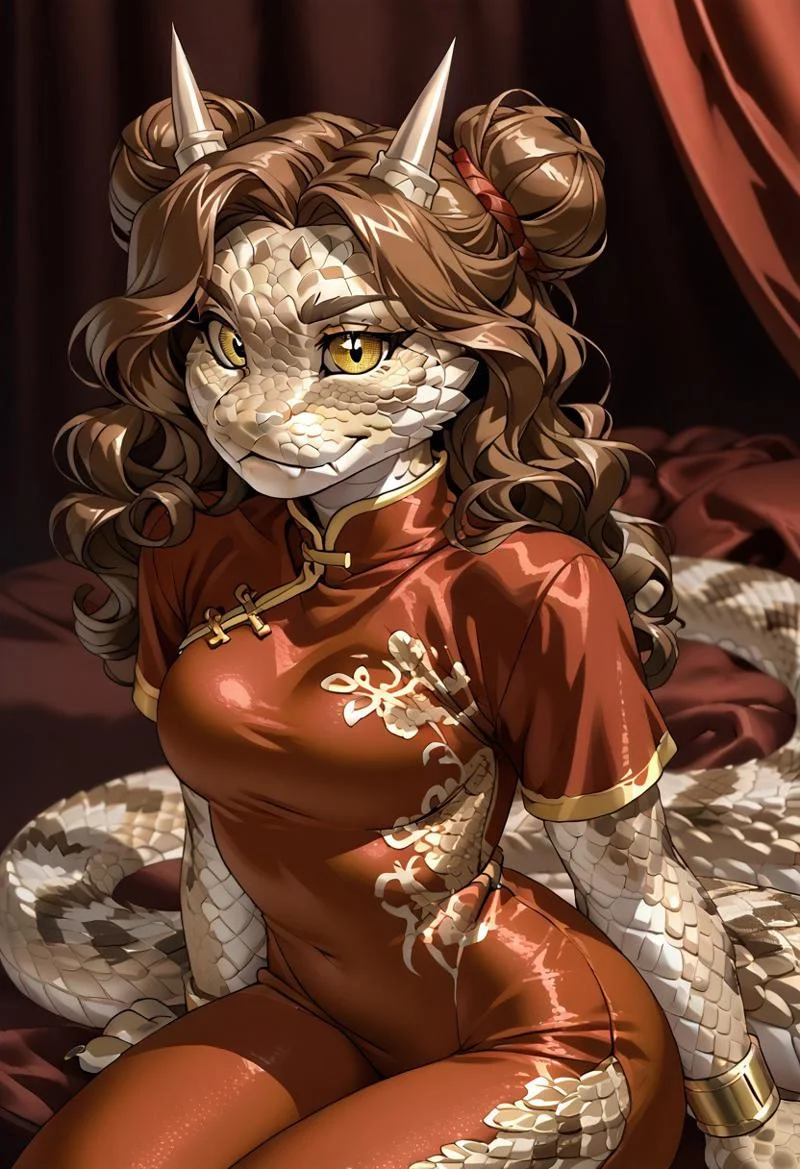 score_9, score_8_up, score_7_up, (by jailbird:1.5), (by kittydee:1.5), (by zummeng:1.5), masterpiece, best quality, (solo),  
(Furry Art: anthro: saharan horned viper:1.5), 1girl, expressive eyes, feminine eyes, <lora:beautiful_detailed_eyes:1>, perfect face, snake, reptile, horned eyebrows, scales, multicolored scales, light brown scales, brown spots, white scales, snake eyes, yellow eyes, (brown hair:1.5), (wavy hair), (chinese hair buns), medium breasts, (chinese style shirt:1.5), (tight pants:1.5),