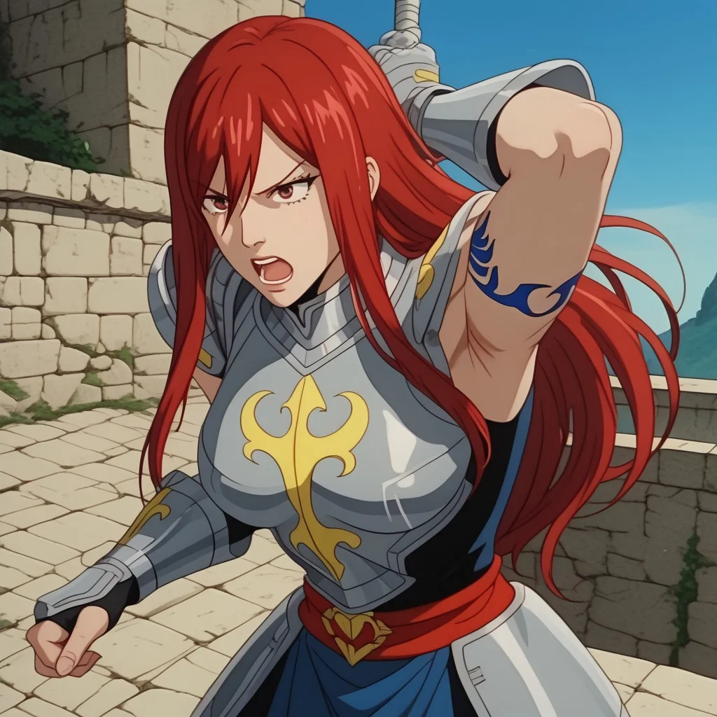 score_9, score_8, BREAK, (Solo), (Erza Scarlet, long hair, red hair), (armor), (blue tattoo), ,action pose, castle,eclipse in the sky,screaming,