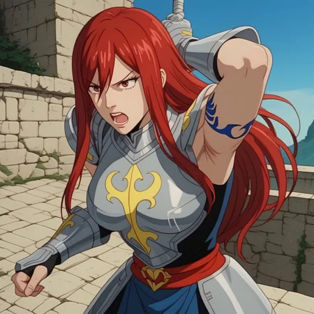 score_9, score_8, BREAK, (Solo), (Erza Scarlet, long hair, red hair), (armor), (blue tattoo), ,action pose, castle,eclipse in the sky,screaming,