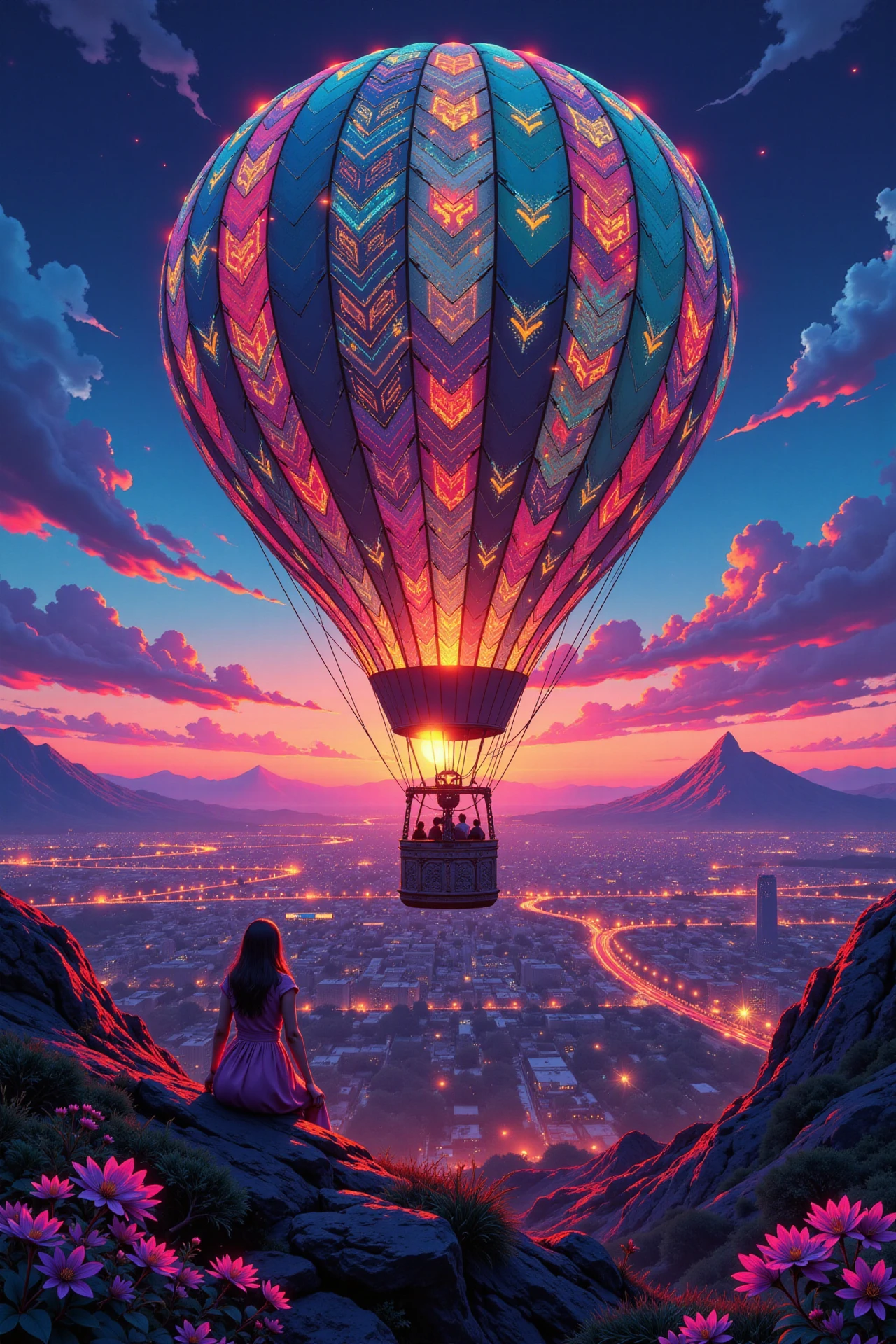 hot air balloon ride beautiful  cyberpunk landscape, dusk, woman, very intricate, very detailed, sharp, bright, colorful, <lora:Hand v2:0.5> <lora:Anti-Blur:1><lora:Insane Detail Slider:0.25>  <lora:flux.1_lora_flyway_Epic-detail_v2:0.3> <lora:fluxenhancer:0.25> <lora:ROWER:0.6> <lora:flux-charmer-v1-1:0.4> <lora:CPA:0.6>