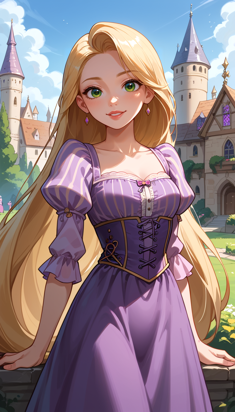 score_9, score_8_up, score_7_up, Anime Style, Cowboy Shot, Rapunzel, cute, seductive, innocent, light smile:0.3, plump lips, slender body, long blonde hair, green eyes, cinematic light, purple dress, happy, medieval castle background, depth of field, dynamic angle, fashion photography, sharp, hyperdetailed:1.15