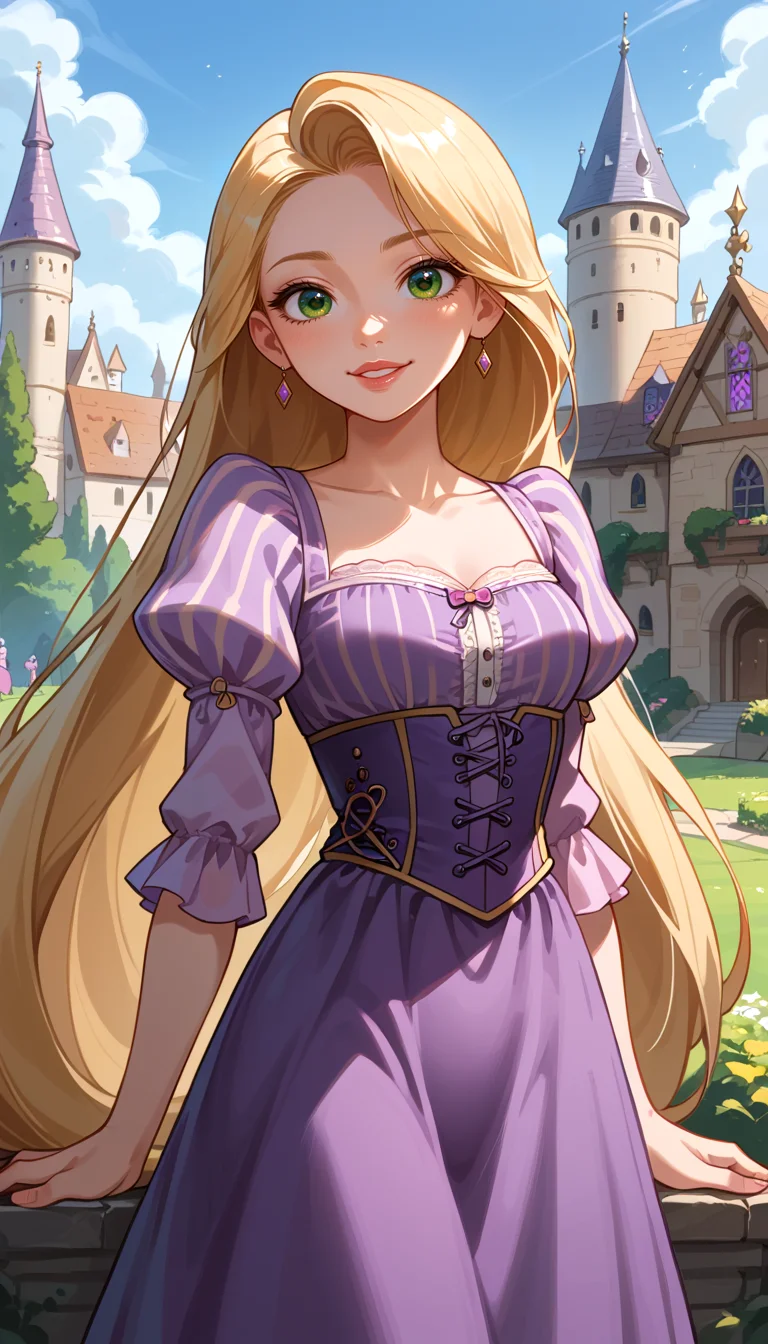 score_9, score_8_up, score_7_up, Anime Style, Cowboy Shot, Rapunzel, cute, seductive, innocent, light smile:0.3, plump lips, slender body, long blonde hair, green eyes, cinematic light, purple dress, happy, medieval castle background, depth of field, dynamic angle, fashion photography, sharp, hyperdetailed:1.15