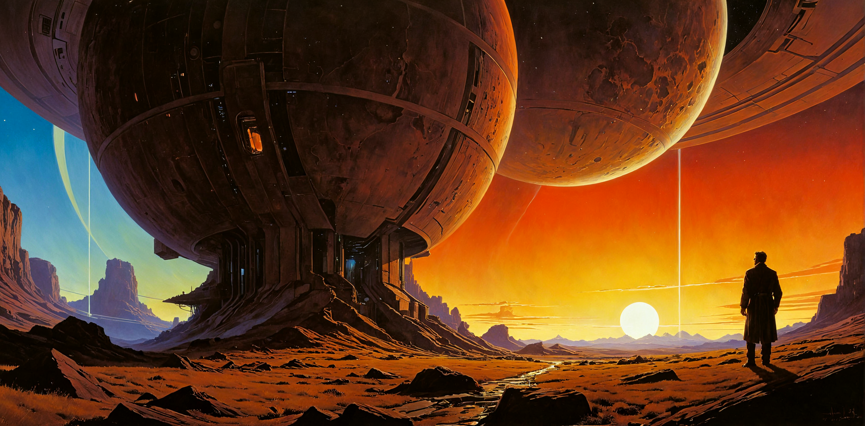 <lora:zavy-cntrst-sdxl:1.3> Panoramic shot, Envision a piece of art that combines the dark, gritty atmospheres of Syd Mead, Jeff Jones with the vibrant, dynamic styles of Noah Bradley, Norman Rockwell to create a sense of wonder and awe, inspired by the imaginative styles of Alan Lee, Don Maitz and brought to life by the visionary styles of Thomas Hart Benton, Ian McQue. <lora:add-detail-xl:1.5><lora:Consistency Corrector XL:0.4>