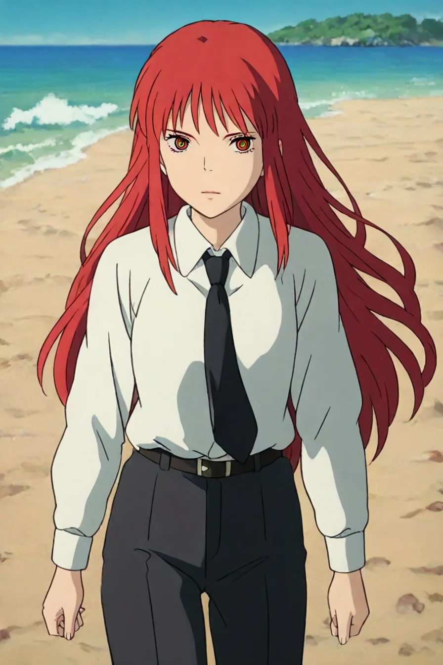 score_9, score_8_up, score_7_up, score_6_up, score_5_up, score_4_up, <lora:mak1ma0XL_Pony_v1:0.8> , mak1ma0, red hair, long hair, ringed eyes, white collared shirt,black necktie,black pants, <lora:ghibli_style_illustriousXL:1>, ghibli_style, solo, alone, masterpiece, highres,beach sand, sea