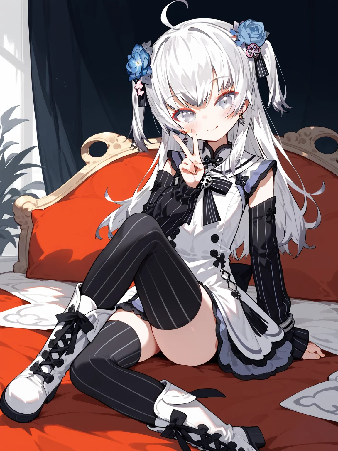 (score_9,score_8_up,score_7_up,),<lora:xuelian:0.9>,AzumaSeren,1girl,solo,virtual youtuber,hair ornament,striped,black thighhighs,boots,ahoge,hair flower,white hair,bangs,white footwear,two side up,detached sleeves,earrings,grey eyes,jewelry,blush,bed,sitting,v,naughty face,