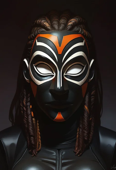score_9, score_8_up, score_7_up, score_6_up, score_5_up, 1girl, African, Africanmask,
modern  mask, 
BlackPanther, Shuri, Marvel, white eyes, no pupils, black bodysuit, bodysuit, black gloves, black boots, mask, black mask, covered face, no mouth, large breasts, perky breasts, 
BP_shuri, upper body, face focus, close up, dreadlocks, bun,