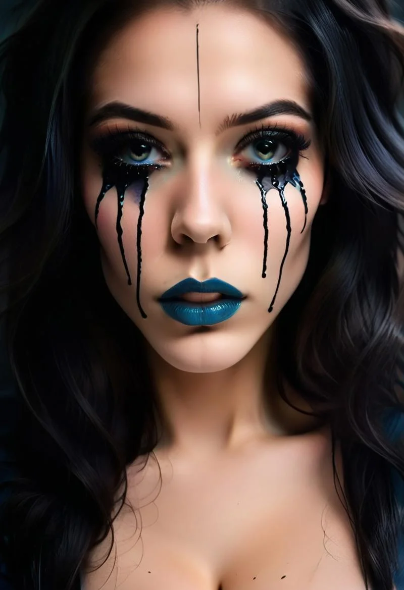 concept art, realistic, dark theme, low light. 1girl, solo, 18 years old.
Gorgeous sexy female. Beautiful feminine face, Long hair.
((TearsMakeUp)), Black tears, Blue lips.
(Big breast), (Round breast:1.2).