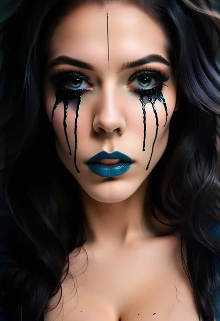 concept art, realistic, dark theme, low light. 1girl, solo, 18 years old.
Gorgeous sexy female. Beautiful feminine face, Long  hair. 
((TearsMakeUp)), Black tears, Blue lips.
(Big breast), (Round breast:1.2).