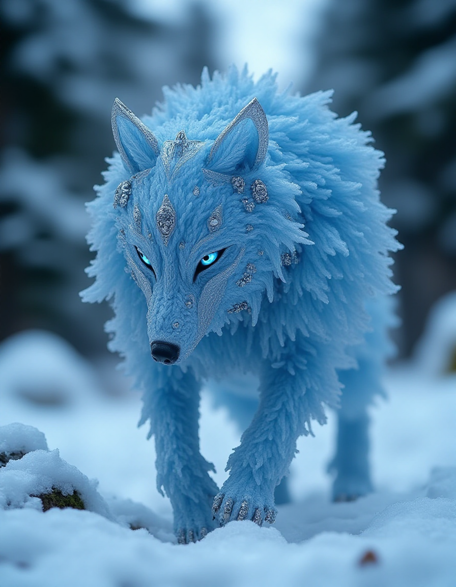 Create an image of a crystal wolf adorned in ral-kntarmr, its armor crafted in shades of icy blue and silver, with diamond-like accents. The armor resembles shards of frost, blending with the wolfâs transparent, crystalline fur. It prowls through a snow-covered forest, with soft, pale blue light reflecting off the ice
<lora:ral-kntarmr-flux:1>