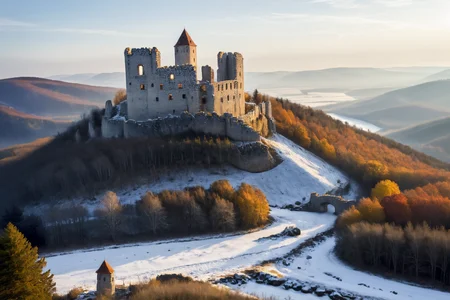 Hyperrealistic art professional photo, scenery, autum, winter, castle ruins on hill, forest, river, cliffs (dramatic sky, journal cover shot, high contrast, natural colors, correct white balance, color correction, dehaze,clarity), . Extremely high-resolution details, photographic, realism pushed to extreme, fine texture, incredibly lifelike <lora:When_autumn_meets_winter_XL:1>