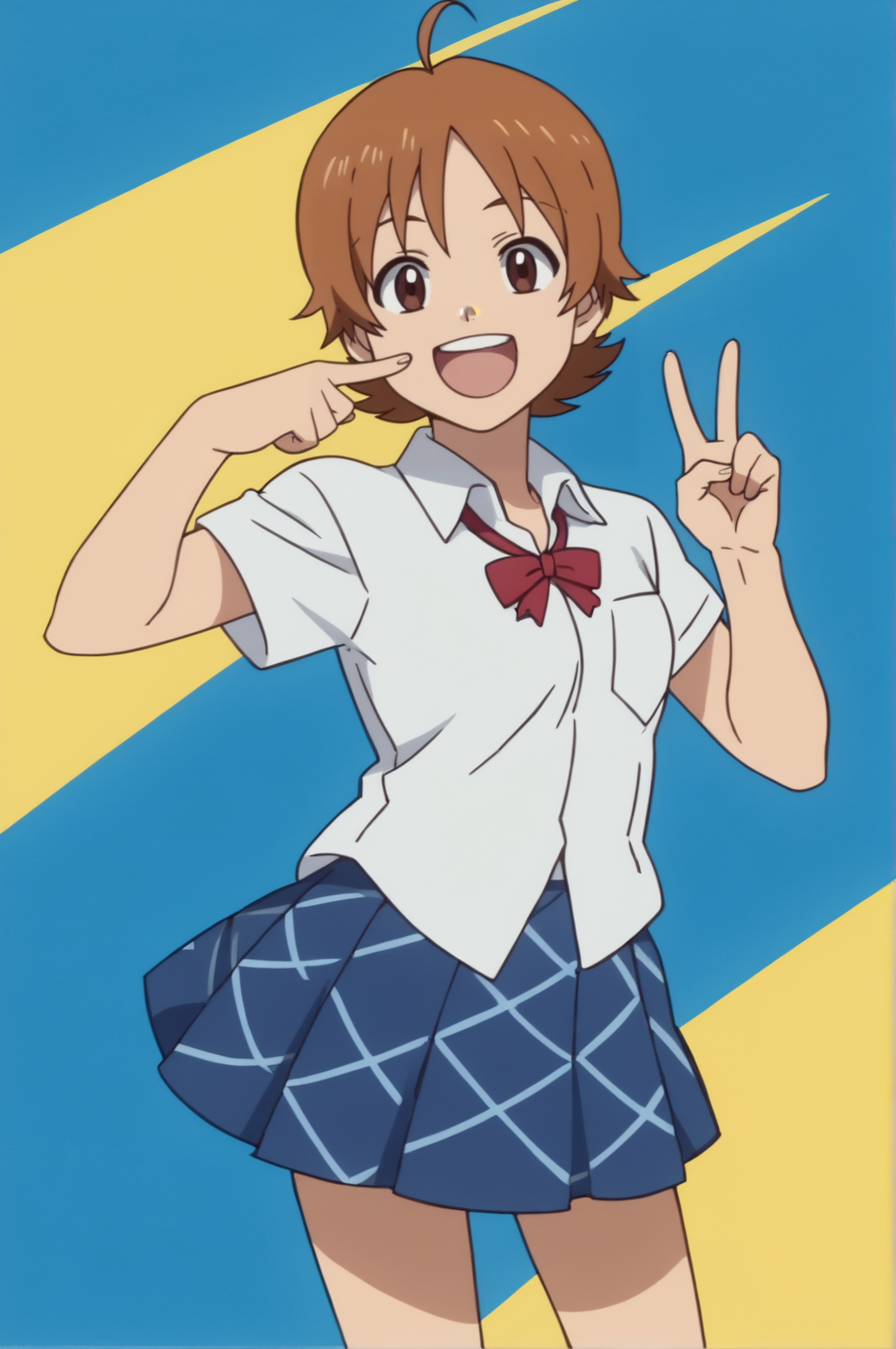 score_9, score_8_up, score_7_up,anime_source, source_anime, best background, detailed background, anime screencap,  Natsumi Hayamiya, school uniform, shirt, skirt, solo, full body, happy, victory finger, victory pose,  <lora:JN_Natsumi_Hayamiya:0.8>