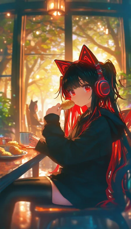 REMEMX,
headphones,1girl,red eyes,thighhighs,red hair,long hair,sitting,animal ears,food,holding,hood,looking at viewer,multicolored hair,colored inner hair,black hair,animal ear headphones,black thighhighs,fake animal ears,long sleeves,hood down,two-tone hair,holding cup,indoors,solo focus,black jacket,jacket,cat ear headphones,closed mouth,black hoodie,hoodie,very long hair,holding food,two side up,solo,cat ears,zettai ryouiki,
(Masterpiece,best quality,astonishing quality,very beautiful,absurd,newest),