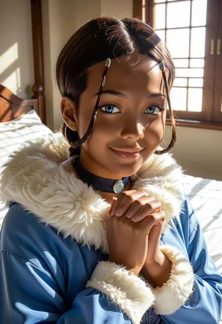 score_9, score_8_up, score_7_up, realistic, realism, HD, perfect quality, 16k, very detailed, realistic lighting, detailed face, BREAK, (((good_hands))), (((perfect eyes, bedroom eyes, (light smile:0.5)))), BREAK, solo, 1girl, (((Katara-BookWater, blue eyes, short hair, brown hair, hair ornament, dark skin, dark-skinned female))), eye_focus, ((medium breasts, big ass)), (bedroom eyes), looking at viewer, nervous, seductive, sensual, medium body size, slightly small neck, plumb body, voluptuous hips and thighs, curvy body size, microwaist, (feminine body, soft body:1.5), BREAK, dark skin, blue eyes, smile, hair ornament, brown hair, upper body, 1girl, dark-skinned female, closed mouth, male focus, hairclip, short hair, dark-skinned male, 1boy, black hair, fur trim