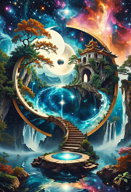 The impossible epic Real reality work is unbalanced, depicting the illusion of creation the passage of time space of the cosmos and the earth, the incredible real scene inside the yin-yang star moon gate a distorted circle that and opens, The edge of the circle is decorated with selected beautiful mimic waterfall with galaxy-styled cottages and shimmering above, set on a winding path to a dream paradise, white tree, illusion, yin-yang, distorsi, crack, time space, galaxy, crystal, double exposure,