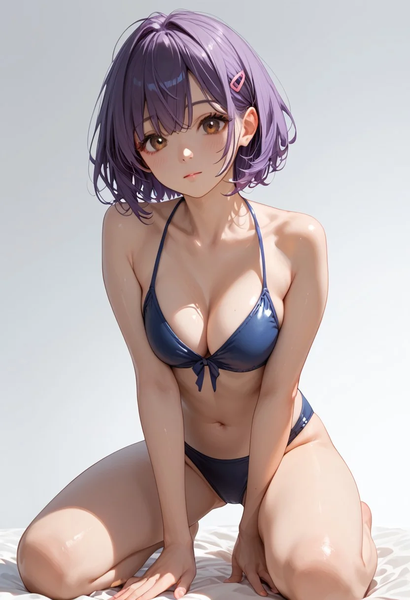 score_9, score_8_up, score_7_up, score_6_up, score_9, score_8_up, suzu, 1girl, purple hair, brown eyes, bangs, medium breasts, hairclip, looking at viewer, kneeing, school swimsuite, short hair, gradient, gradient background, solo.