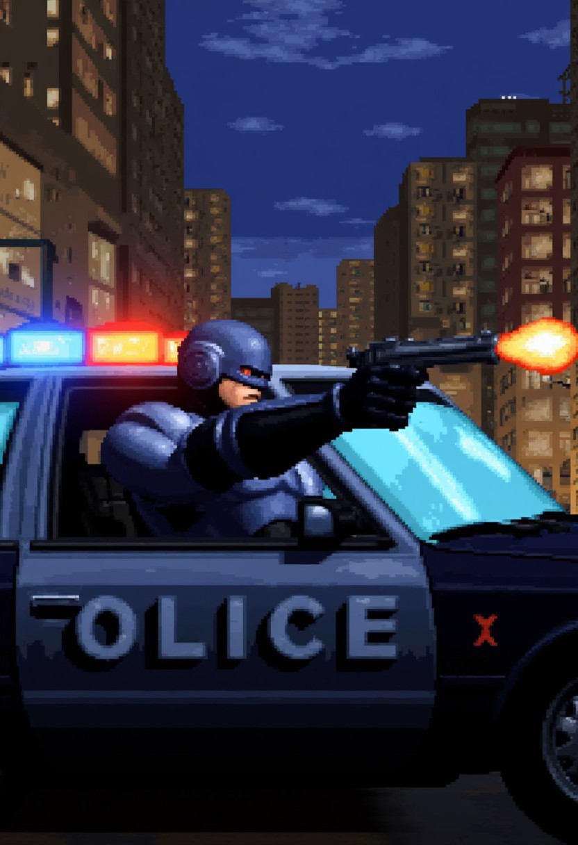 dkcstyle, pixel art style, Robocop aiming his pistol out of a police car passenger window in the city.