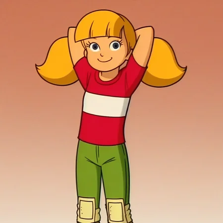 score_9, solo, penny_ig, blonde hair, twintails, red shirt, stripe, knee patch, hands behind head, smile