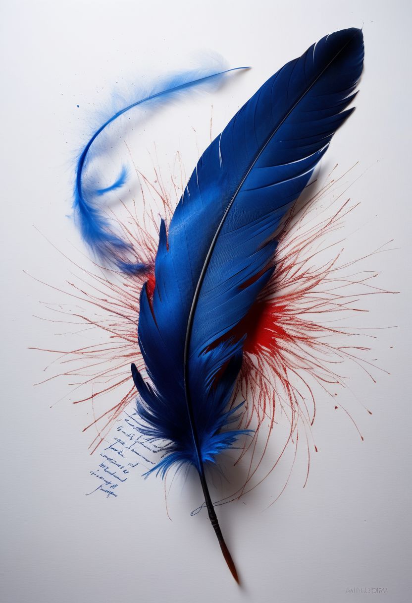 mysterious phoenix feather gliding through the air, single drop of deep blue ink dropping from the tip of the feather into a half full quill while an old piece of paper with beautiful writing and burning edges is hovering in the middle of it all, backlit glorious feather, fading blue red background, by Minjae Lee, Carne Griffiths, Emily Kell, Steve McCurry, Geoffroy Thoorens, Aaron Horkey, Jordan Grimmer, Greg Rutkowski, amazing depth, double exposure, surreal, geometric patterns, intricately detailed, bokeh,  perfect balanced, deep fine borders, artistic photorealism , smooth,  great masterwork by Suiras  <lora:add-detail-xl:2>  <lora:Double_Exposure:0.5>