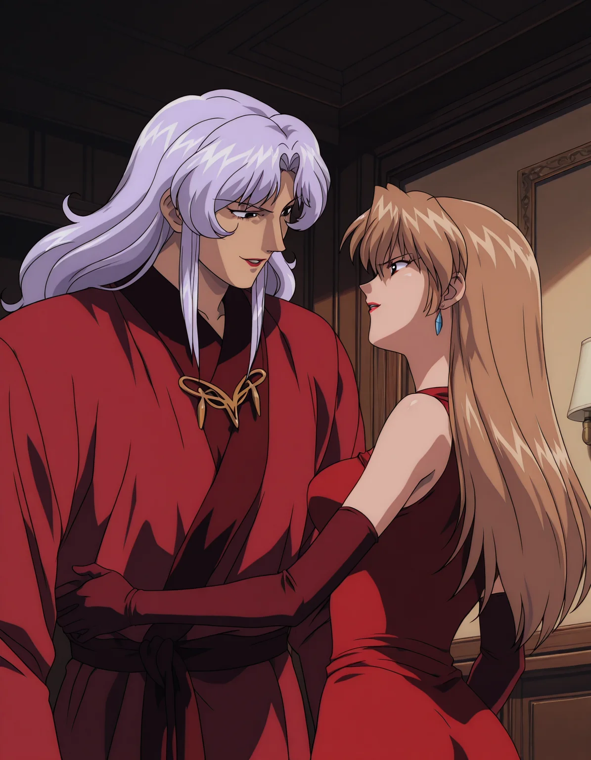 1girl, 1boy,  <lora:aika-illustrious-v3:0.9> a1ka, hair down, sleeveless dress, red dress, elbow gloves, rudolf, red robe, assertive female, indoors