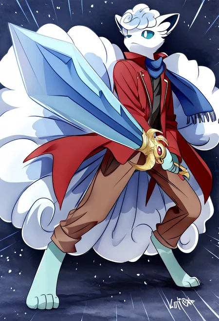 male Alolan Vulpix, anthro, long legs, brown pants, red coat, blue scarf, brave-perspective, holding sword, rapier