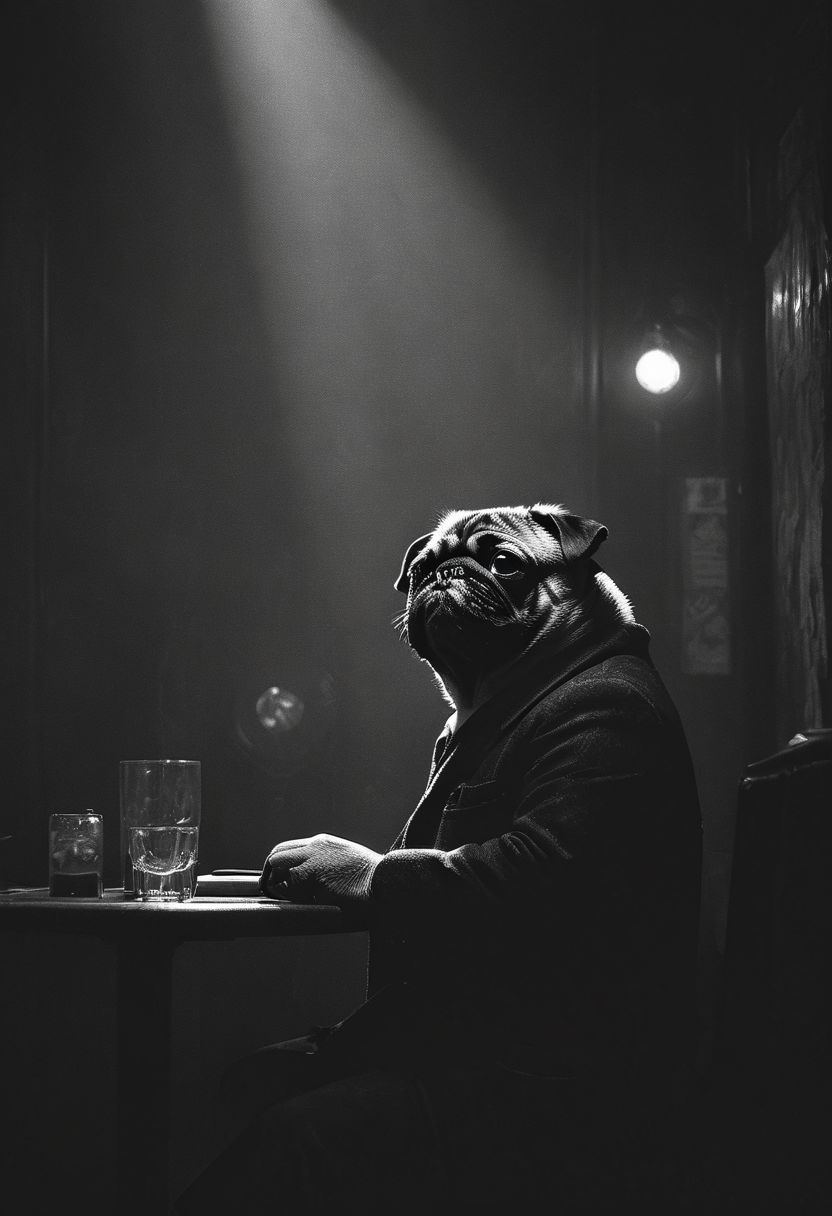 (anthropomorphic-pug: 1.59) noir detective in Los Angeles,, Volumetric lighting, concept art, sharp focus, digital art <lora:xl_more_art-full_v1:0.8> <lora:Into_Darkness:0.8>, fedora, smokey, greytrench-coat, sitting in jazz-club, pattern wallpaper,