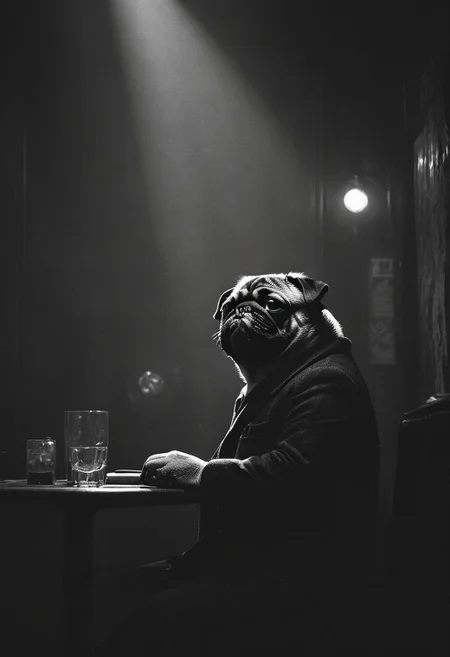 (anthropomorphic-pug: 1.59) noir detective in Los Angeles,, Volumetric lighting, concept art, sharp focus, digital art <lora:xl_more_art-full_v1:0.8> <lora:Into_Darkness:0.8>, fedora, smokey, greytrench-coat, sitting in jazz-club, pattern wallpaper,