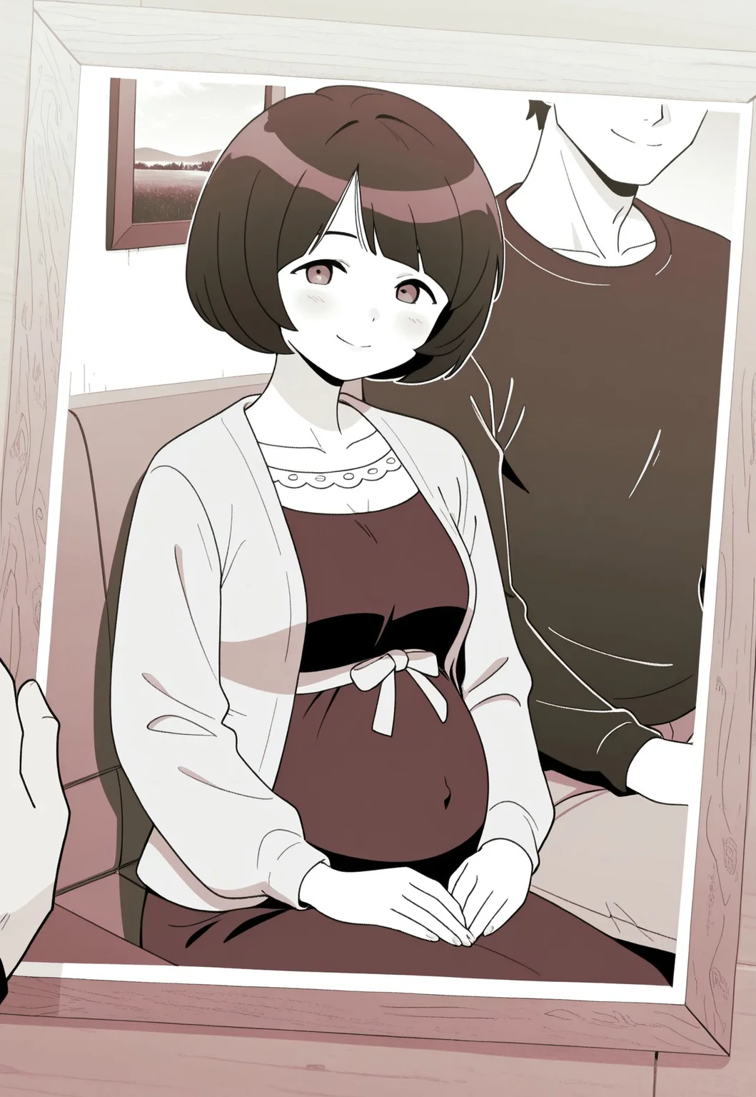 1girl, solo focus, 1boy, general, sepia, monochrome, gqux4, black hair, bangs, short hair, casual, pregnant, sitting, smile, looking at viewer, faceless male, head out of frame, photo \(object\), picture frame, wooden frame, masterpiece, best quality, amazing quality,