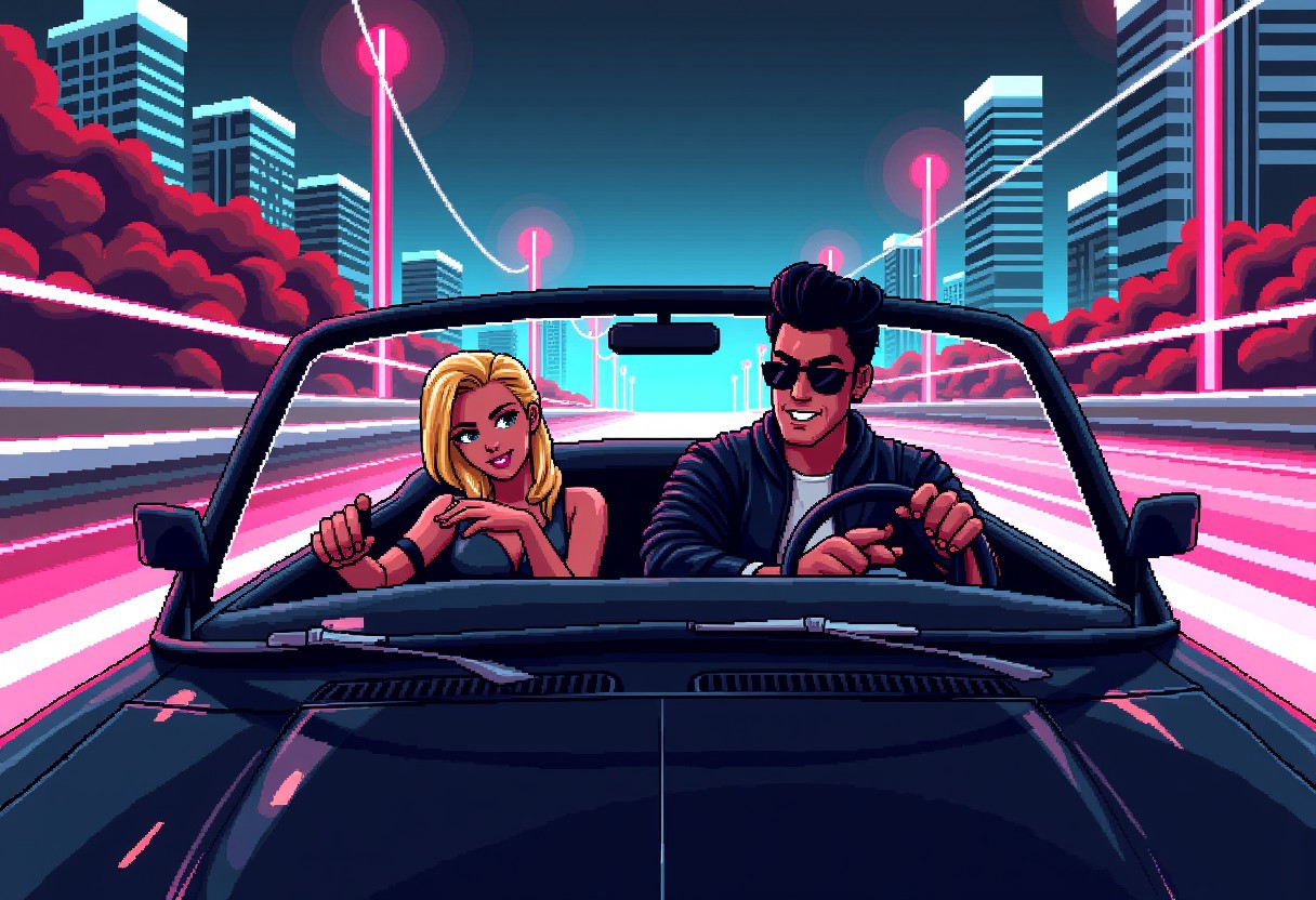 pixelart,retro style,masterpiece,((cool man wearing a leather jacket is driving a convertible shiny black car)),relaxing,he is wearing sunglasses and smiling confidently,smirk,black hair mullet,on the back seat is sitting a blonde beautiful woman wearing elegant clothes and green eyes,happy smile, neon highway,retro city in the background with tall buildings,joy moment,light poles,driving at high speed,movement lines,wind blowing,after image lights,(view from front of car)