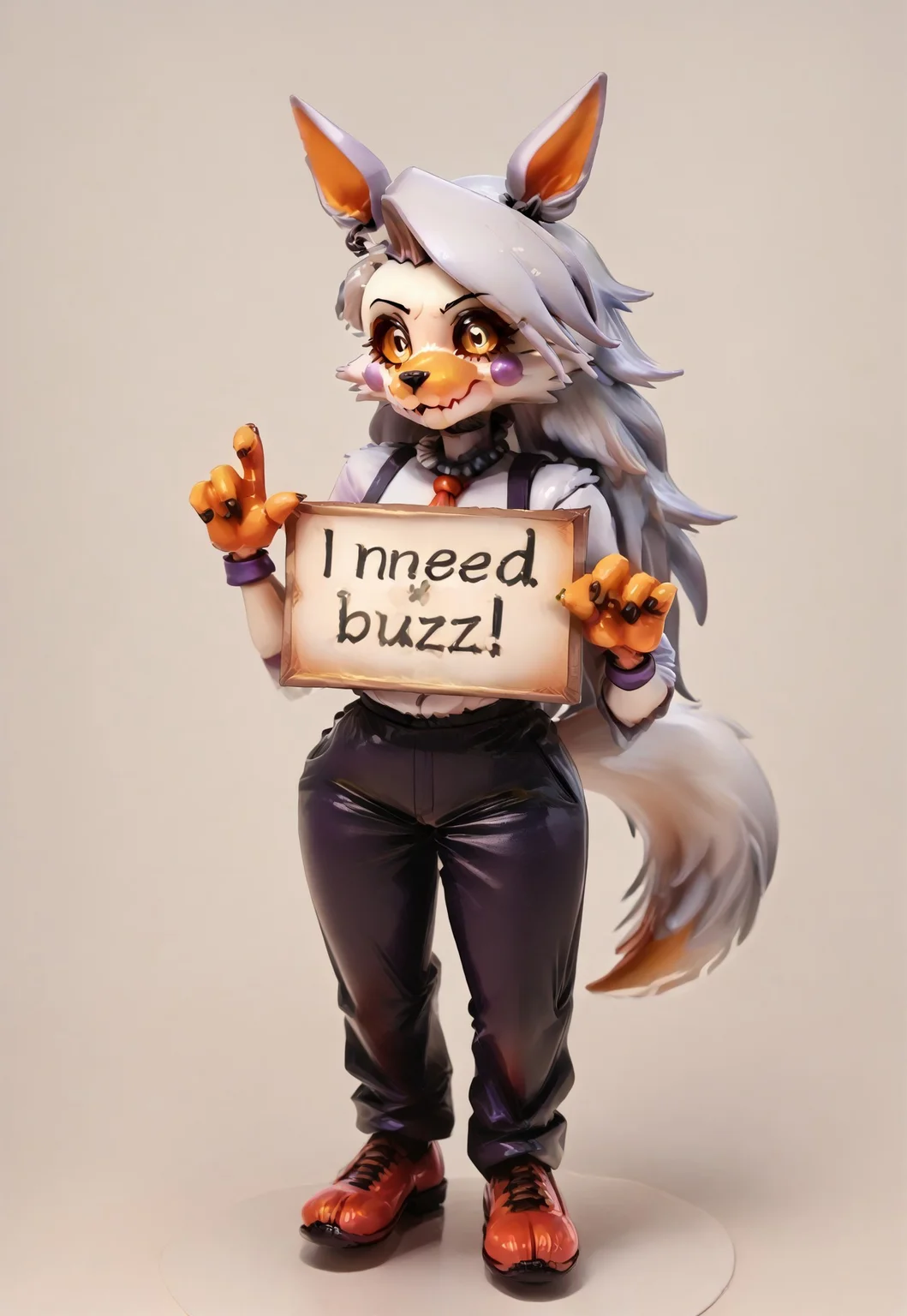 ( Latex,manhattan_cafe_(umamusume), ,(need_buzz, holding sign)lolbit_fnaf, furry, animal ears,Loona, 1girl, need_buzz, holding sign with another hand : 1.3), fake smile, nervous sweat, wavy mouth, squatting, looking at viewer, very awa,yellow_necktie,black long hair , yellow eyes,pants, by squ1ddy