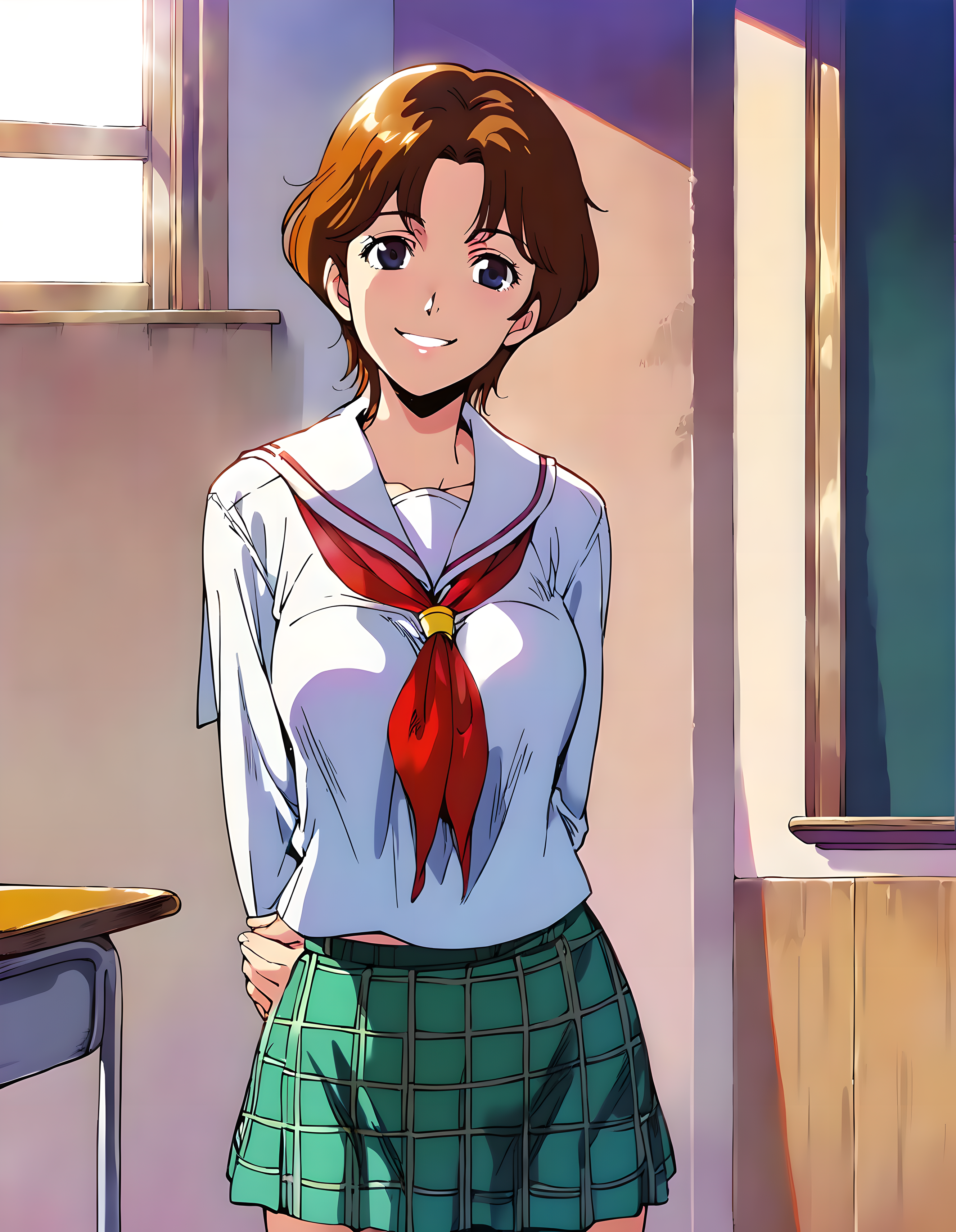 <lora:pony_xl_lin:0.8>,lin,score_9,source_anime,1girl,solo,no_headwear,school_uniform,sailor_collar,red_neckerchief,plaid_skirt,indoor,classroom,cowboy_shot,looking_at_viewer,arms_behind_back,standing,happy,smile,kind_smile,