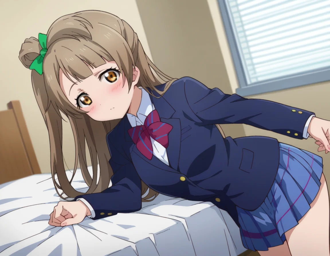 score_9, score_8_up, score_7_up, source_anime,
kotoriminami, <lora:kotori-minami-s1-ponyxl-lora-nochekaiser:1>,
kotori minami, brown hair, brown eyes, one side up, hair ribbon, ribbon, long hair,
blazer, blue skirt, jacket, otonokizaka school uniform, pleated skirt, school uniform, winter uniform,
indoors, bed, bed room, on side, blush, drunk,
looking at viewer, dutch angle, cowboy shot,