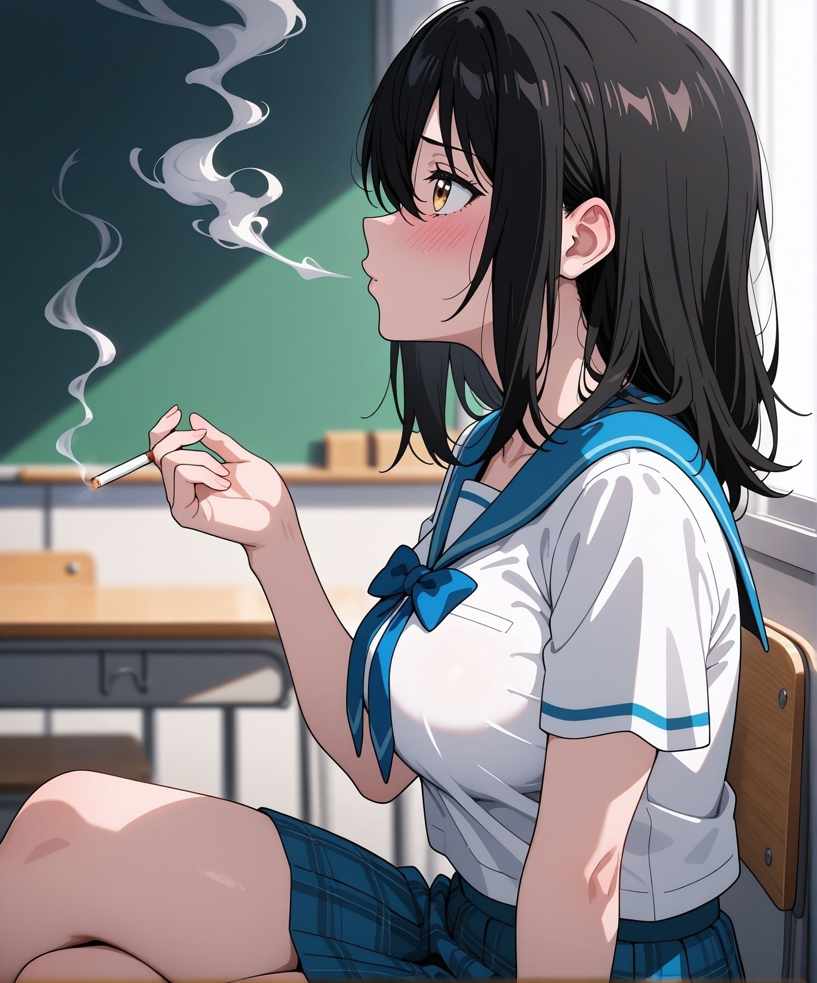 masterpiece,best quality,amazing quality,very aesthetic,absurdres,newest, huge filesize,
<lora:spo_sdxl_10ep_4k-data_lora_webui:0.5>,<lora:add-detail-xl:1>. flat color, anime screenshot,  volumetric lighting, depth of field,
(profile:1.2), (her back is to the wall), sad, (holding cigarette:1.3), ((blowing smoke:1.3)), looking up,sitting, crossed legs, classroom, 
BREAK
 blushing, yukina,serafuku, sexy, large breasts, 
<lora:illustrious_XL_yukina:0.8>