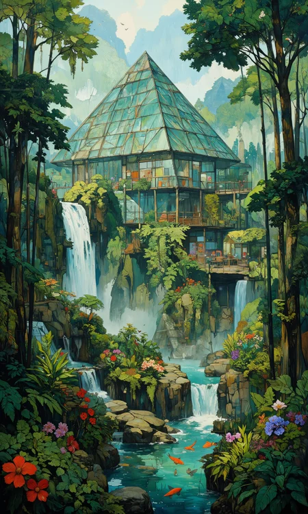 Tropical glass pyramid integrated into dense jungle canopy, vibrant emerald foliage, cascading waterfalls, natural stone pathways, sunlight filtering through leaves, exotic flowers, sustainable bamboo supports, zen gardens, koi ponds, open-air living spaces, panoramic jungle views, hanging vines, mist-covered treetops, lush ferns, biodiversity hotspot, eco-friendly design, natural ventilation, rainwater harvesting system, solar panels, butterfly gardens, hummingbirds, toucans, intricate architectural details, 8k resolution, photorealistic, architectural masterpiece <lora:Comic book opus IV:0.2> <lora:Semi-realisticPortraitPainting:0.7> <lora:Memadukan_Brush_Strokes_of_Fineart:0.6> <lora:CPA:0.3> <lora:flux_dev:1>
