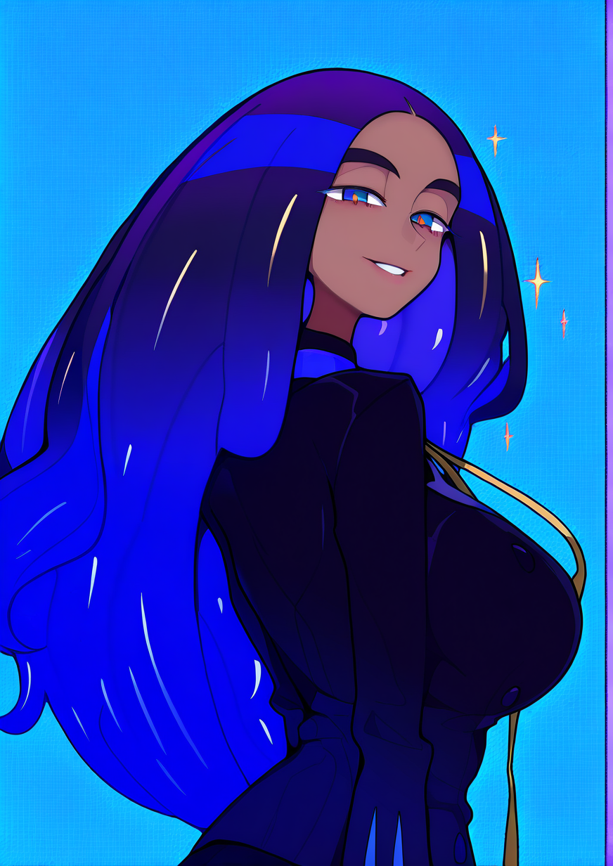 <lora:Pearl.G.E:1.4>,1girl, geeta (pokemon), huge breasts, big hair, black hair, black jacket, blue eyes, breasts, colored inner hair, eyelashes, forehead, from side, glint, grin, half-closed eyes, happy, jacket, long hair, long sleeves, looking at viewer, looking back, multicolored hair, parted bangs, parted lips, purple hair, smile, solo, sparkle, standing, teeth, upper body, very long hair, very awa, masterpiece, best quality, newest, highres, absurdes,amazing quality