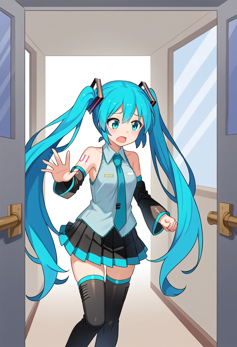 score_8, score_8_up, score_7_up, 1girl, female focus, solo, Hatsune Miku, aqua hair, twintails, aqua eyes, necktie, collared shirt, sleeveless, detached sleeves, tattoo, skirt, pleated skirt, thigh boots, lo_su, running, outstretched hand, clenched hand, pushbar, open mouth, worried, door, open door, double doors, window