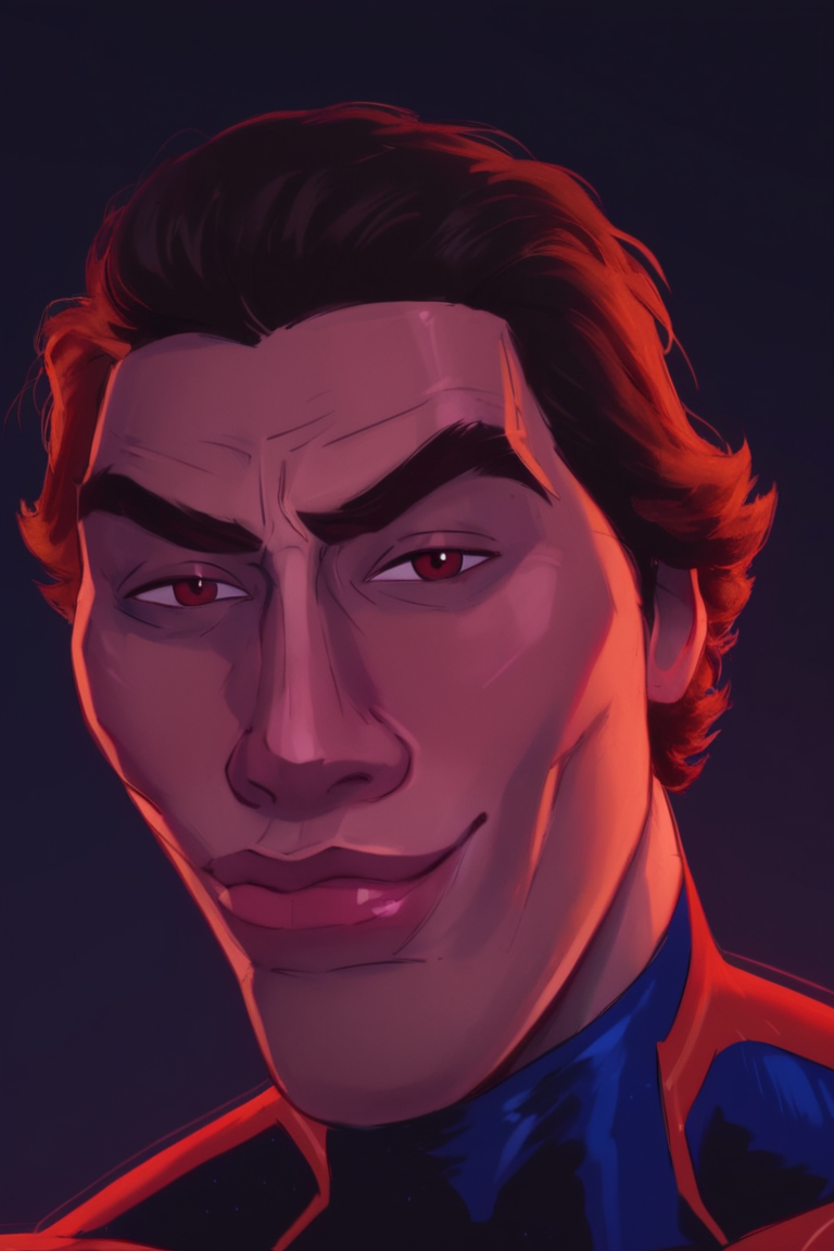 score_9, score_8_up, score_7_up, SkylerWhiteYo, closed mouth, smile, lips, miguelohara, spidey2099suit, 1boy, solo, male focus, mature male, short hair, brown hair, red eyes, thick eyebrows, superhero, red bodysuit, blue bodysuit, multicolored clothes, looking at viewer, portrait, upper body, standing, simple background, dark background <lora:Spider-Man 2099 (Miguel O'Hara) v1.1 SDXL_LoRA_Pony Diffusion V6 XL:0.8> <lora:KzyGuyMeme:1>