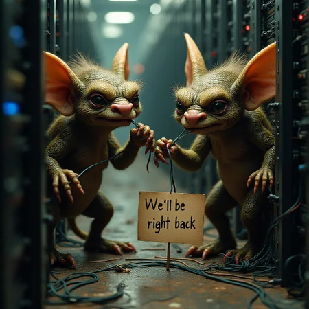 gremlins pulling wires from servers, a sign with text "We'll be right back"