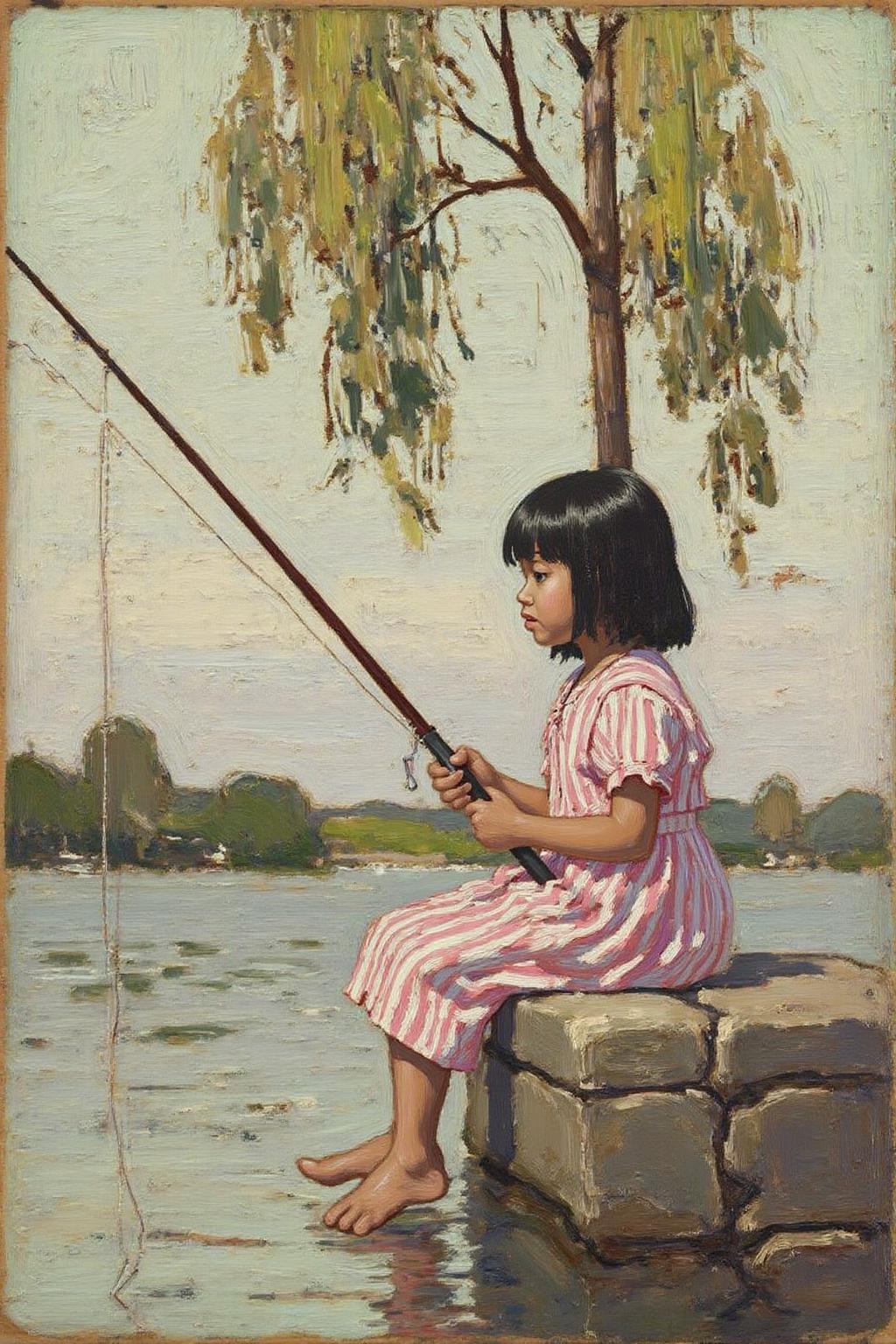 tomthom1 painting.
a serene, minimalist scene. It depicts a young girl sitting on a stone bench by a calm body of water, likely a pond or small lake. She is fishing with a long fishing rod, which she holds with both hands. The girl has short, straight black hair and is dressed in a pink and white striped dress, with a simple, traditional style. Her expression is calm and focused, gazing intently at the water. There is a willow tree above her.  <lora:tomthom1_cap_d6a3:1.0><lora:815396217124044965:0>
