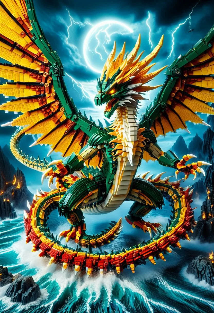 digital art images, beautiful, fantasy, and complex, detailed portrait ,
Lego set eastern_dragon made of lego
Flying:1.4, roar:1.4, /(wings spread wide/)
fiery colors, deep green, electric yellow, molten golden edges,
beautiful,
thunder,bolt
sea, night time, cloudy,
masterpiece, photorealistic, highly detailed,
