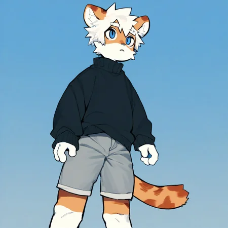 score_9_up, score_8_up, score_7_up, source_furry, atlyssstyle, low poly, milkytiger, tiger ears, tiger boy, white eyebrows, blue eyes, 1boy, solo, black sweater, gray shorts