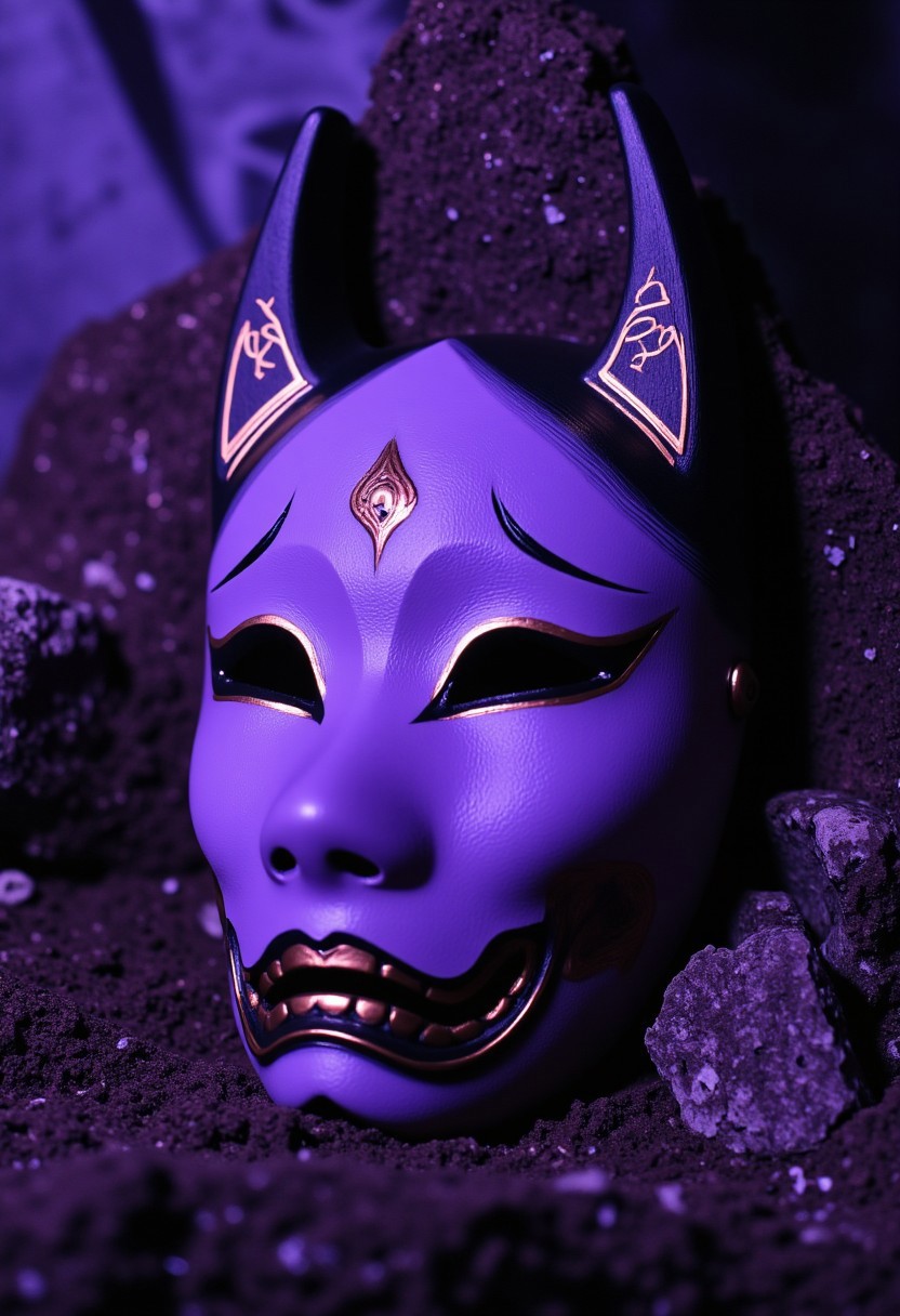 ArsMovieStill, movie still from a 1970s horror movie Studio cursed kitsune mask in a Japanese grave shrine purple cyan miasma