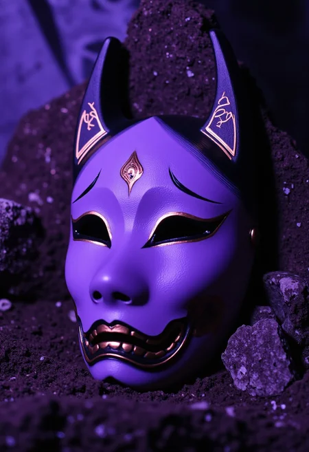 ArsMovieStill, movie still from a 1970s horror movie Studio cursed kitsune mask in a Japanese grave shrine purple cyan miasma