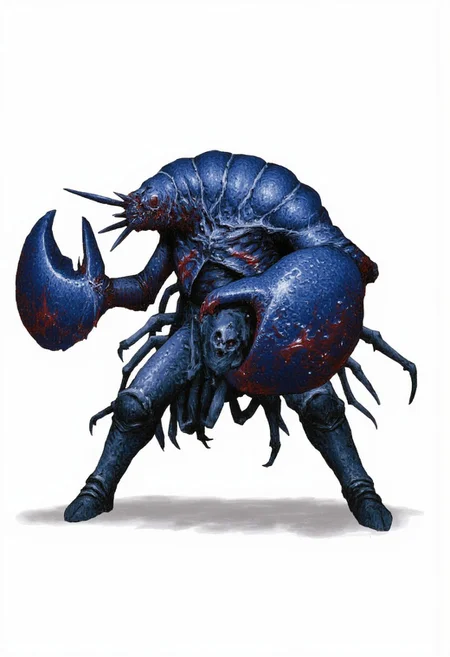 b3rs3rk first person d4concept pov, 3D01S, simple background d4artstyle atmospheric and powerful MikeFranchinastyle dark fantasy, natural organic and first person pov of a berserk style creature
A Tsutomu Nihei Menacing humanoid lobster warrior in midnight blue and steel gray chitinous armor, caught in a dynamic combat stance. Iridescent carapace with metallic highlights shifting from deep navy to twilight purple. Aggressive posture with massive battle-scarred claws raised threateningly. Segmented armor plates flowing like samurai armor, creating an imposing silhouette. Predatory face with extended eye stalks and mandibles, suggesting ancient wisdom and ferocity. Multiple layers of overlapping shell segments with precise anatomical detail. Slight blood-red undertones in the joints and claw highlights. Professional studio lighting emphasizing the glossy shell texture. White background with subtle shadows, hyper-realistic 3D rendering, ultra-detailed creature design, 8k resolution, concept art quality.
UHD letterboxed game trailer frame chromatic aberration dark atmosphere sharp masterpiece with a focus on the character, elden ring style, dark atmosphere, chromatic aberration