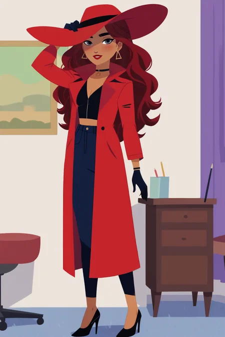 score_9, score_8_up, score_7_up, score_6_up, score_5_up, score_4_up,
((vector artstyle, flat color:1.8, source_cartoon, pencil sketch, 2d, no lineart:1.8, minimalism)), BREAK.
choker, black gloves, red sun hat, red headwear, long coat, red coat, black footwear, high heels, BREAK.
indoors, blush, light smile, looking at viewer, BREAK.
<lora:CarmenSandiego:1>, skinny, petite, 1girl, solo, dark skin, dark-skinned female, grey eyes, red hair, long hair, earrings, jewelry, red lips