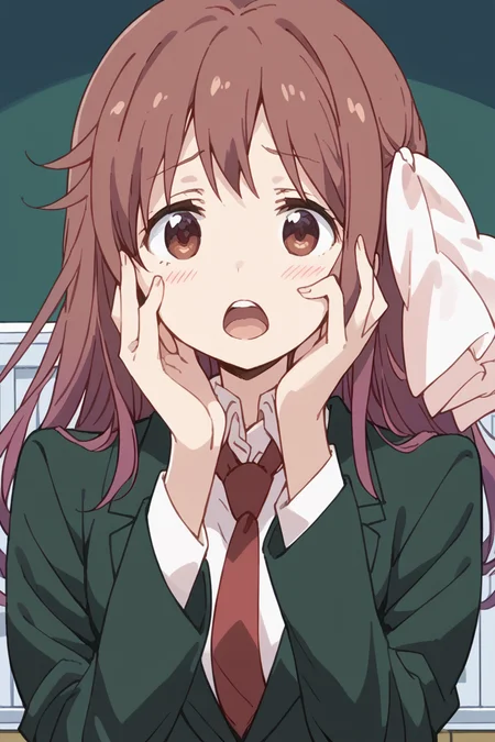 score_9, score_8_up, score_7_up, score_6_up,
<lora:Haruka_Takayama:1> haruka, 1girl, solo, necktie, brown hair, turn pale, school uniform, hands on own face, brown eyes, red necktie, open mouth, long hair, jacket, parody, shirt, blazer