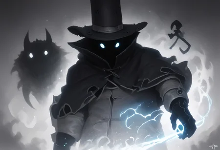 score_9, score_7_up, BREAK,
source_anime, 1boy, demonic powers, InkToon, monochrome, rising energy, sketch, thin line, manga, concept art, detailed lines, demonic powers, huge top hat, holding cane in right hand, black face, dot eyes, cloak, glowing eyes, gloves, ((tipping hat down with left hand))